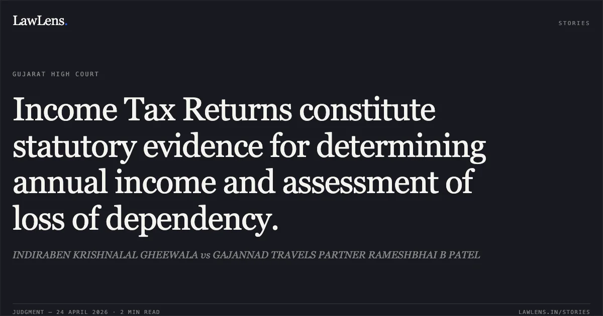 Income Tax Returns constitute statutory evidence for determining annual income and assessment of loss of dependency.. INDIRABEN KRISHNALAL GHEEWALA vs GAJANNAD TRAVELS PARTNER RAMESHBHAI B PATEL. Gujarat High Court. LawLens