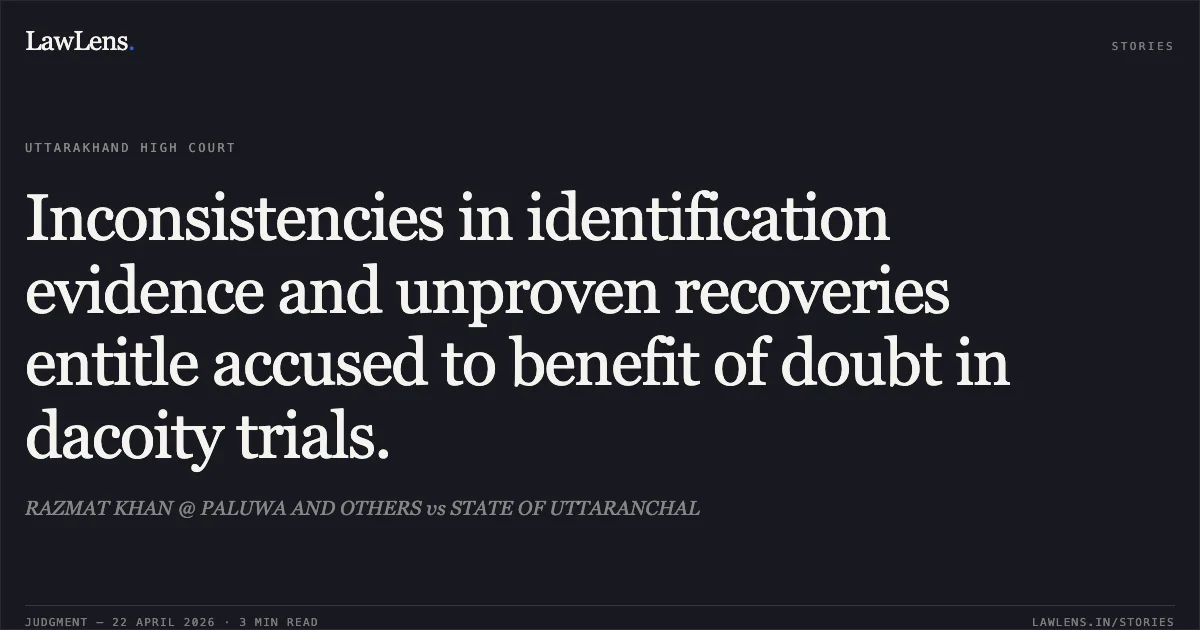 Inconsistencies in identification evidence and unproven recoveries entitle accused to benefit of doubt in dacoity trials.. RAZMAT KHAN @ PALUWA AND OTHERS vs STATE OF UTTARANCHAL. Uttarakhand High Court. LawLens