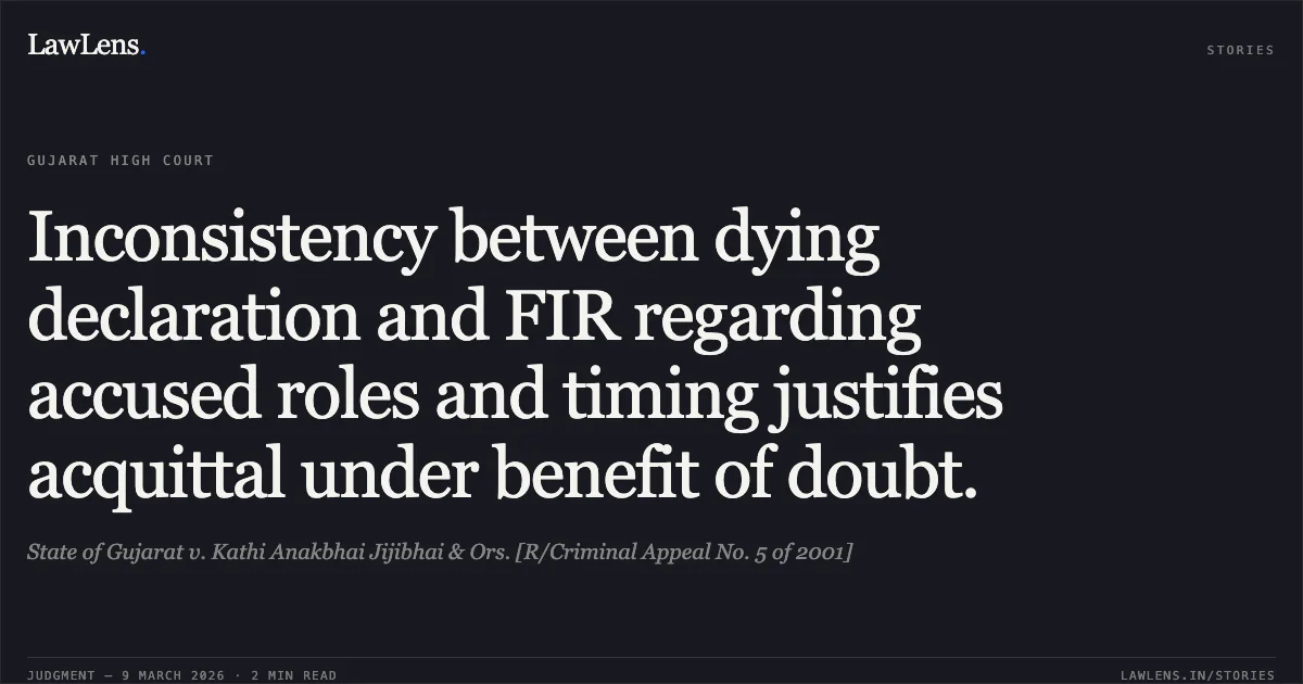 Inconsistency between dying declaration and FIR regarding accused roles and timing justifies acquittal under benefit of doubt.. State of Gujarat v. Kathi Anakbhai Jijibhai & Ors. [R/Criminal Appeal No. 5 of 2001]. Gujarat High Court. LawLens