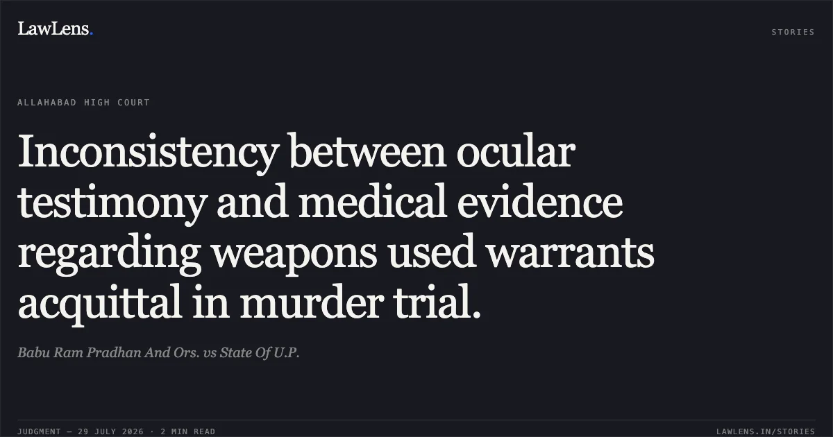 Inconsistency between ocular testimony and medical evidence regarding weapons used warrants acquittal in murder trial.. Babu Ram Pradhan And Ors. vs State Of U.P.. Allahabad High Court. LawLens