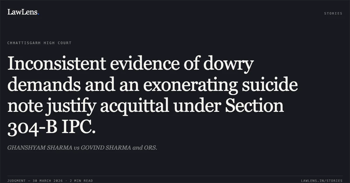 Inconsistent evidence of dowry demands and an exonerating suicide note justify acquittal under Section 304-B IPC.. GHANSHYAM SHARMA vs GOVIND SHARMA and ORS.. Chhattisgarh High Court. LawLens