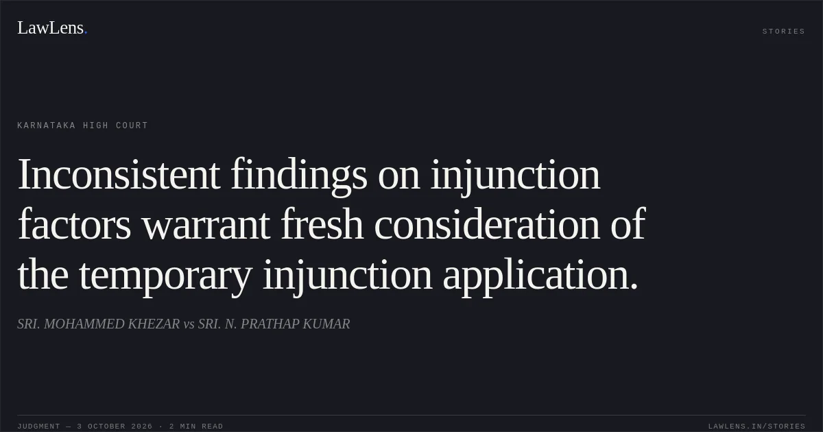 Inconsistent findings on injunction factors warrant fresh consideration of the temporary injunction application.. SRI. MOHAMMED KHEZAR vs SRI. N. PRATHAP KUMAR. Karnataka High Court. LawLens