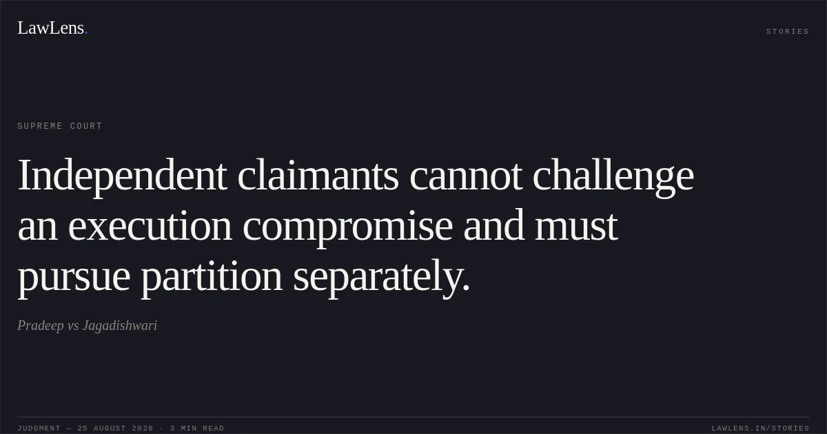 Independent claimants cannot challenge an execution compromise and must pursue partition separately.. Pradeep vs Jagadishwari. Supreme Court. LawLens