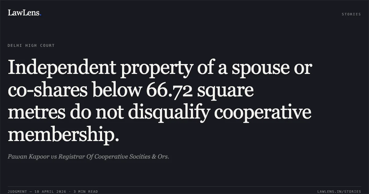 Independent property of a spouse or co-shares below 66.72 square metres do not disqualify cooperative membership.. Pawan Kapoor vs Registrar Of Cooperative Socities & Ors.. Delhi High Court. LawLens