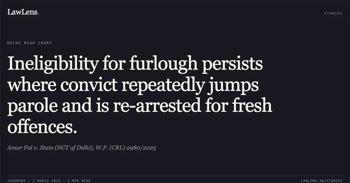 Ineligibility for furlough persists where convict repeatedly jumps parole and is re-arrested for fresh offences.. Amar Pal v. State (NCT of Delhi), W.P. (CRL) 2980/2025. Delhi High Court. LawLens