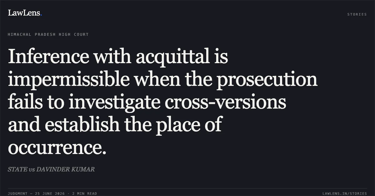 Inference with acquittal is impermissible when the prosecution fails to investigate cross-versions and establish the place of occurrence.. STATE vs DAVINDER KUMAR. High Court of Himachal Pradesh. LawLens