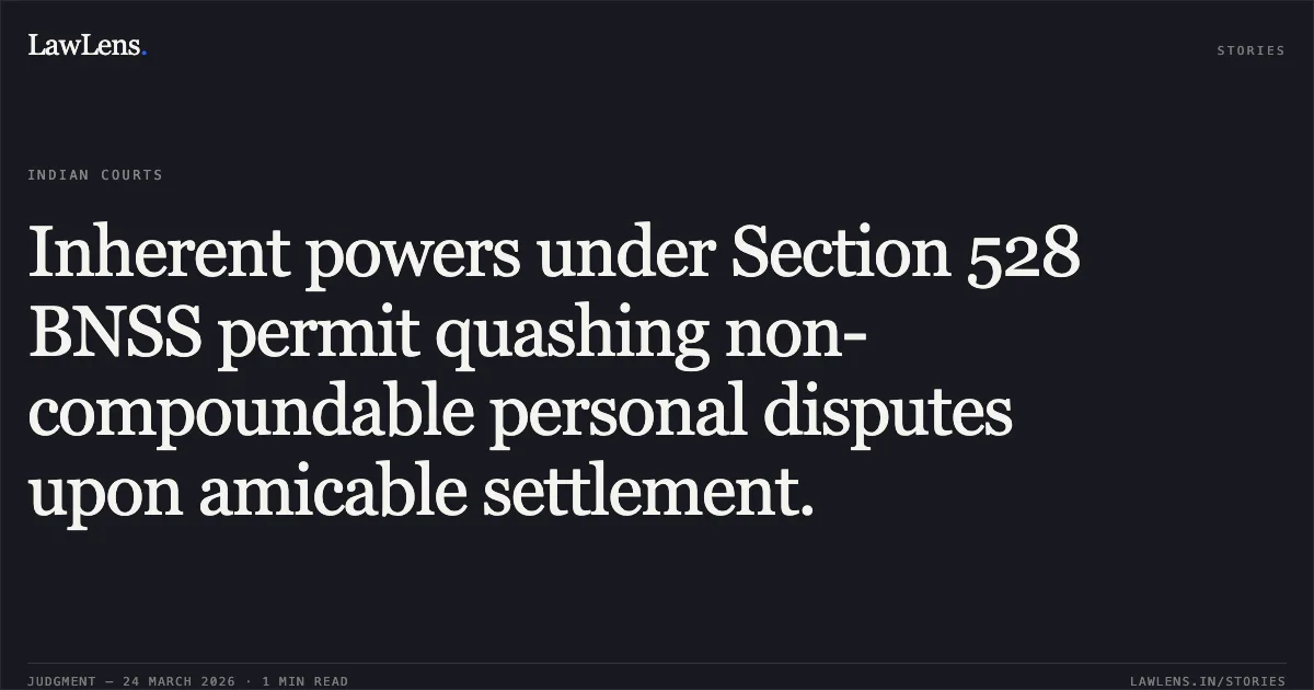 Inherent powers under Section 528 BNSS permit quashing non-compoundable personal disputes upon amicable settlement.. ABHISHEK KUMAR VARDHAN vs STATE OF UTTARAKHAND. Uttarakhand High Court. LawLens