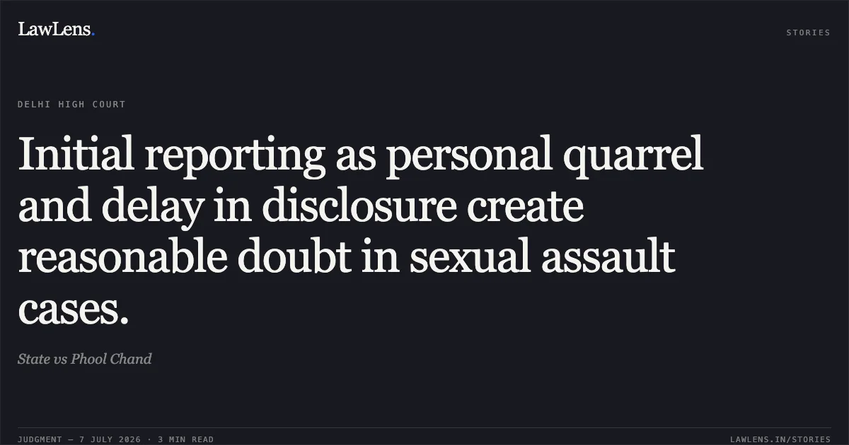 Initial reporting as personal quarrel and delay in disclosure create reasonable doubt in sexual assault cases.. State vs Phool Chand. Delhi High Court. LawLens
