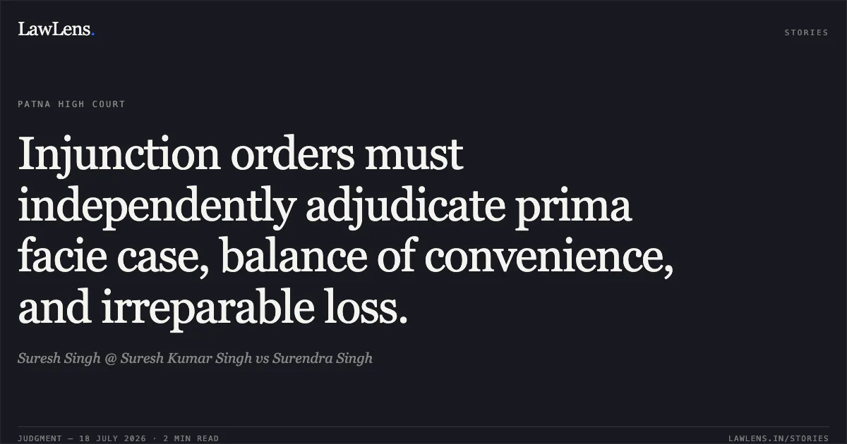Injunction orders must independently adjudicate prima facie case, balance of convenience, and irreparable loss.. Suresh Singh @ Suresh Kumar Singh vs Surendra Singh. Patna High Court. LawLens