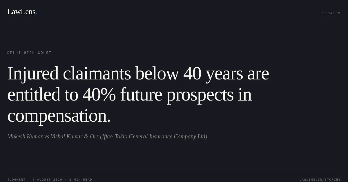 Injured claimants below 40 years are entitled to 40% future prospects in compensation.. Mukesh Kumar vs Vishal Kumar & Ors (Iffco-Tokio General Insurance Company Ltd). Delhi High Court. LawLens