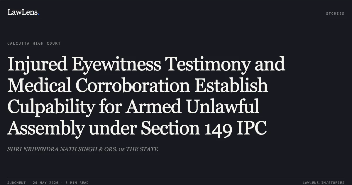 Injured Eyewitness Testimony and Medical Corroboration Establish Culpability for Armed Unlawful Assembly under Section 149 IPC. SHRI NRIPENDRA NATH SINGH & ORS. vs THE STATE. Calcutta High Court. LawLens