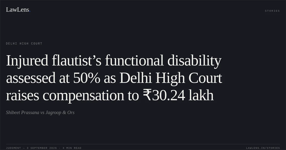 Injured flautist’s functional disability assessed at 50% as Delhi High Court raises compensation to ₹30.24 lakh. Shibeet Prassana vs Jagroop & Ors. Delhi High Court. LawLens