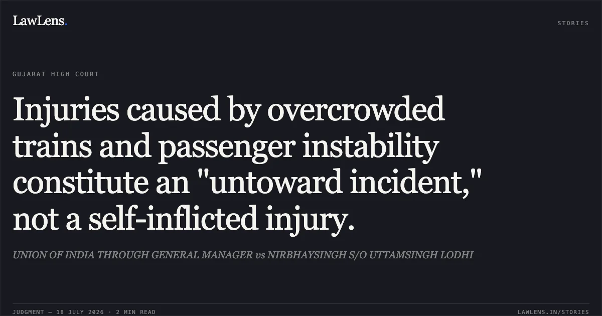 Injuries caused by overcrowded trains and passenger instability constitute an "untoward incident," not a self-inflicted injury.. UNION OF INDIA THROUGH GENERAL MANAGER vs NIRBHAYSINGH S/O UTTAMSINGH LODHI. Gujarat High Court. LawLens