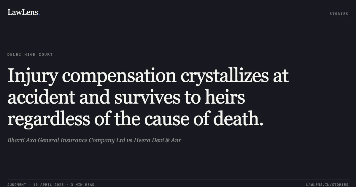 Injury compensation crystallizes at accident and survives to heirs regardless of the cause of death.. Bharti Axa General Insurance Company Ltd vs Heera Devi & Anr. Delhi High Court. LawLens