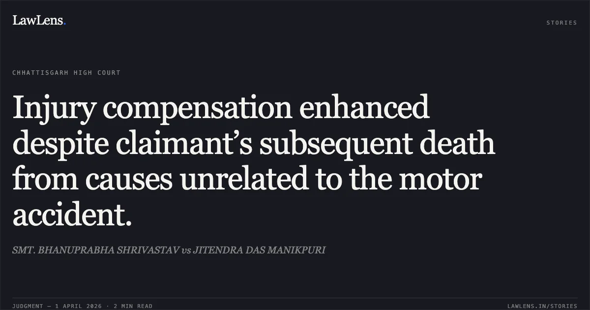 Injury compensation enhanced despite claimant’s subsequent death from causes unrelated to the motor accident.. SMT. BHANUPRABHA SHRIVASTAV vs JITENDRA DAS MANIKPURI. Chhattisgarh High Court. LawLens