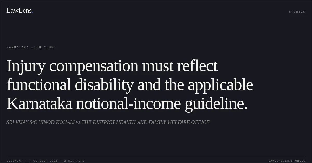 Injury compensation must reflect functional disability and the applicable Karnataka notional-income guideline.. SRI VIJAY S/O VINOD KOHALI vs THE DISTRICT HEALTH AND FAMILY WELFARE OFFICE. Karnataka High Court. LawLens