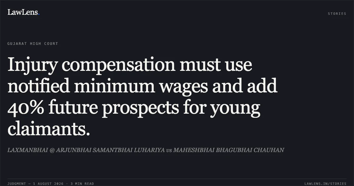 Injury compensation must use notified minimum wages and add 40% future prospects for young claimants.. LAXMANBHAI @ ARJUNBHAI SAMANTBHAI LUHARIYA vs MAHESHBHAI BHAGUBHAI CHAUHAN. Gujarat High Court. LawLens