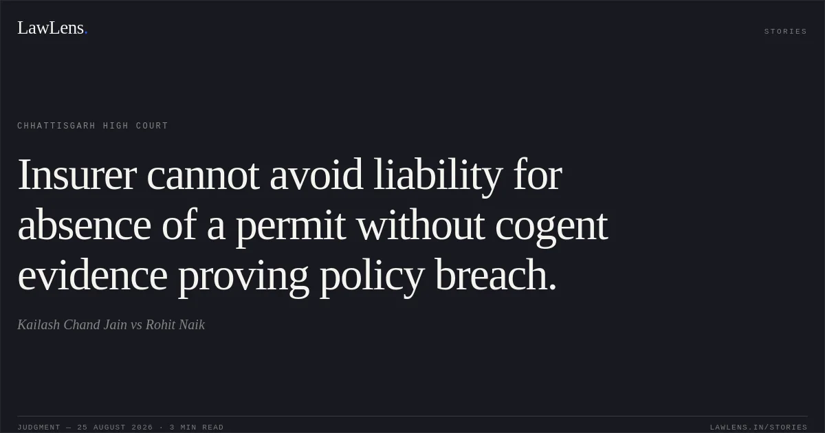 Insurer cannot avoid liability for absence of a permit without cogent evidence proving policy breach.. Kailash Chand Jain vs Rohit Naik. Chhattisgarh High Court. LawLens