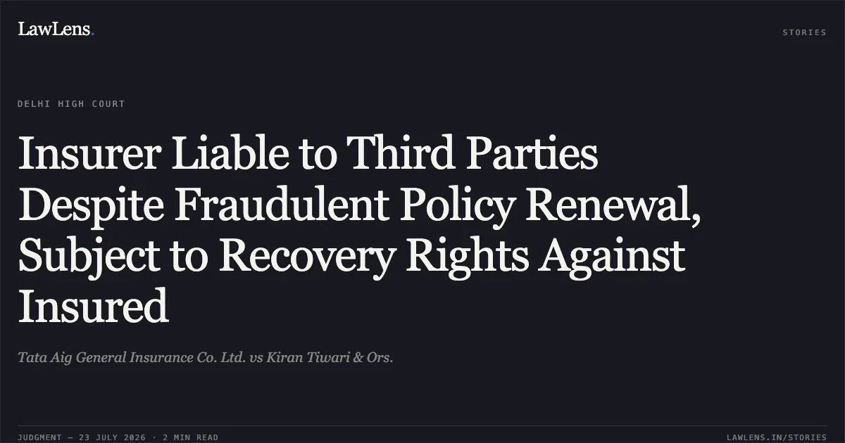 Insurer Liable to Third Parties Despite Fraudulent Policy Renewal, Subject to Recovery Rights Against Insured. Tata Aig General Insurance Co. Ltd. vs Kiran Tiwari & Ors.. Delhi High Court. LawLens