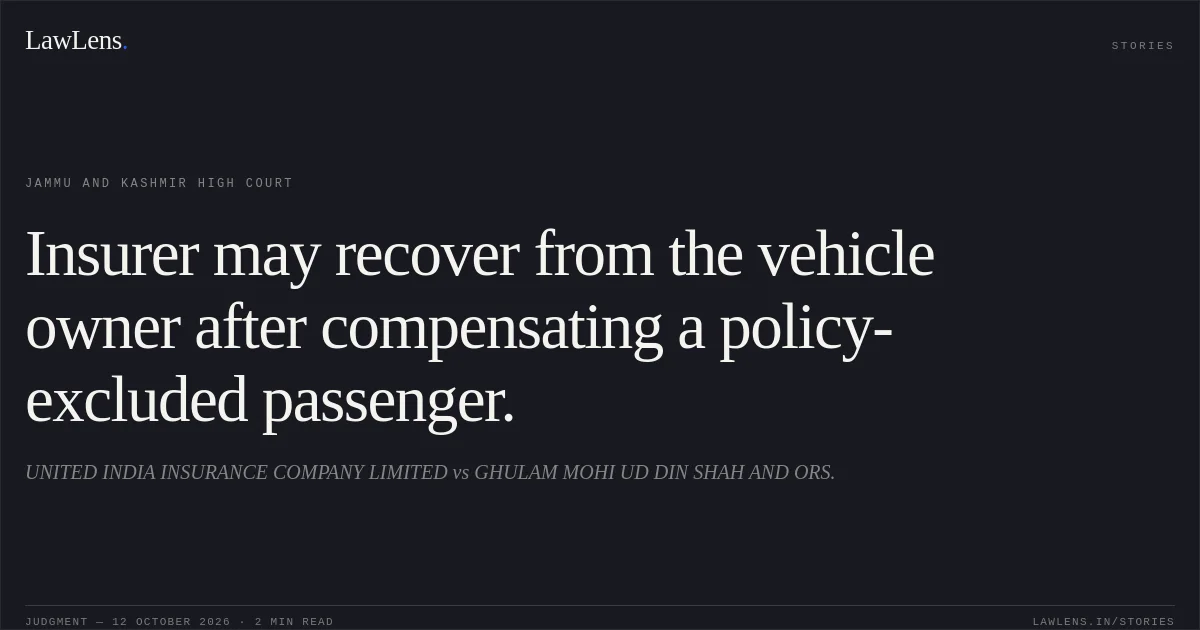 Insurer may recover from the vehicle owner after compensating a policy-excluded passenger.. UNITED INDIA INSURANCE COMPANY LIMITED vs GHULAM MOHI UD DIN SHAH AND ORS.. Jammu and Kashmir High Court. LawLens