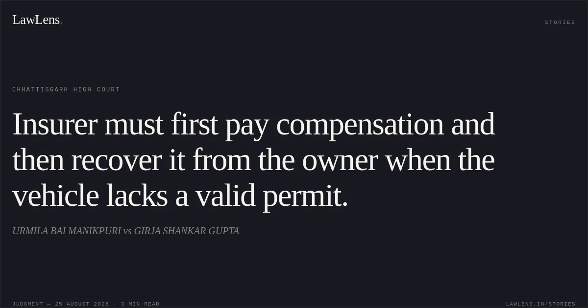 Insurer must first pay compensation and then recover it from the owner when the vehicle lacks a valid permit.. URMILA BAI MANIKPURI vs GIRJA SHANKAR GUPTA. Chhattisgarh High Court. LawLens