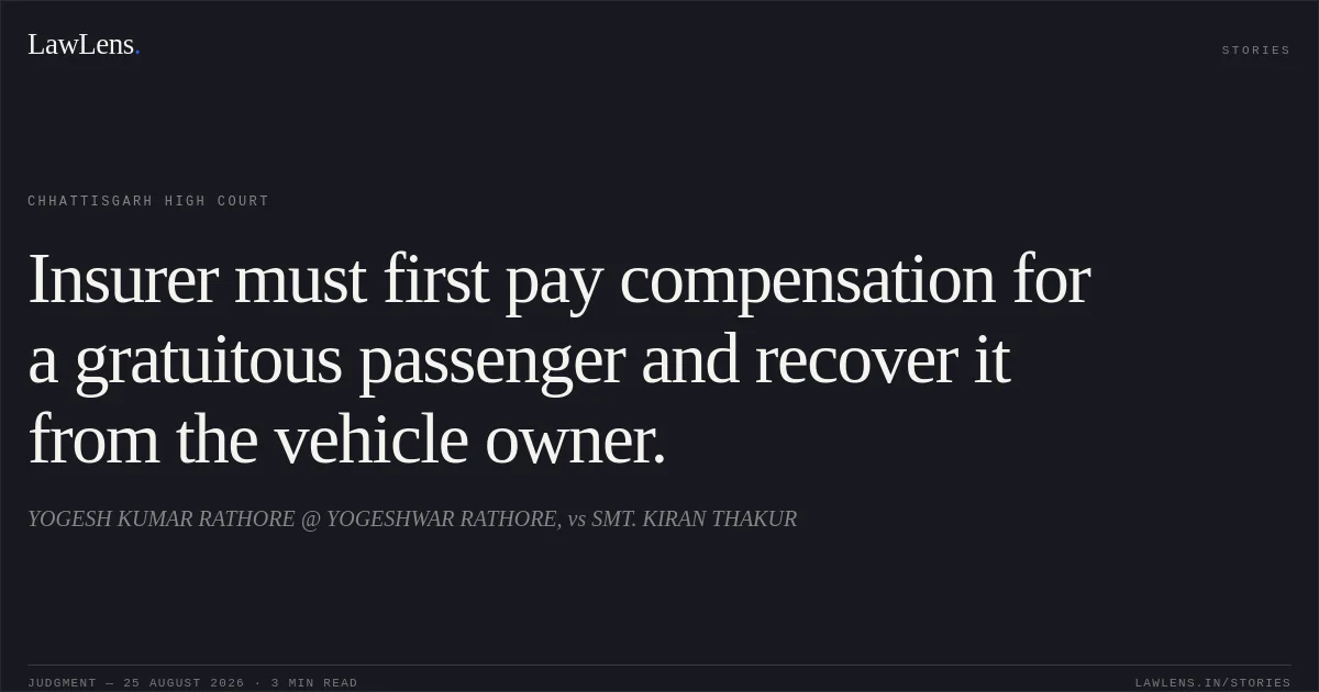 Insurer must first pay compensation for a gratuitous passenger and recover it from the vehicle owner.. YOGESH KUMAR RATHORE @ YOGESHWAR RATHORE, vs SMT. KIRAN THAKUR. Chhattisgarh High Court. LawLens