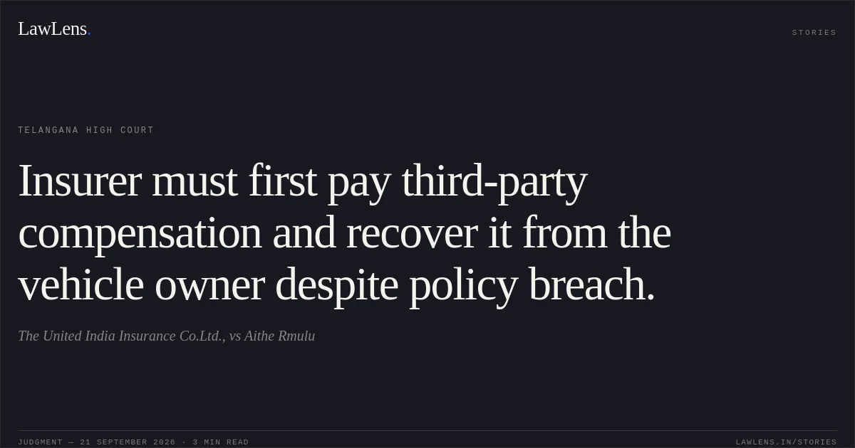 Insurer must first pay third-party compensation and recover it from the vehicle owner despite policy breach.. The United India Insurance Co.Ltd., vs Aithe Rmulu. Telangana High Court. LawLens