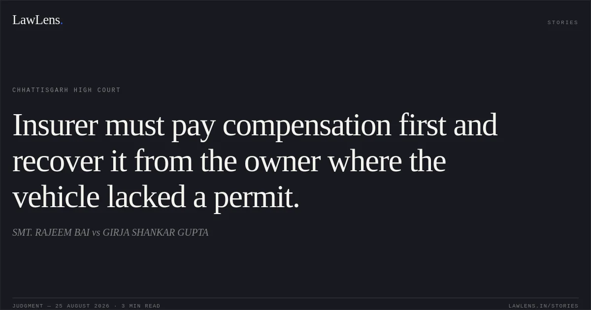 Insurer must pay compensation first and recover it from the owner where the vehicle lacked a permit.. SMT. RAJEEM BAI vs GIRJA SHANKAR GUPTA. Chhattisgarh High Court. LawLens