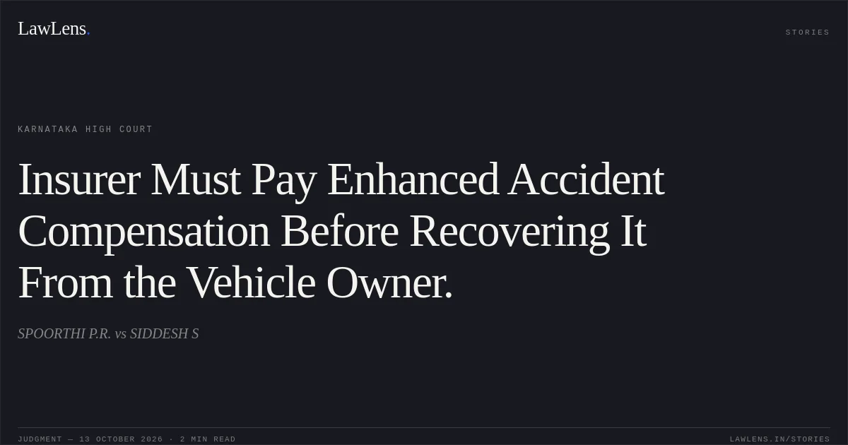 Insurer Must Pay Enhanced Accident Compensation Before Recovering It From the Vehicle Owner.. SPOORTHI P.R. vs SIDDESH S. Karnataka High Court. LawLens