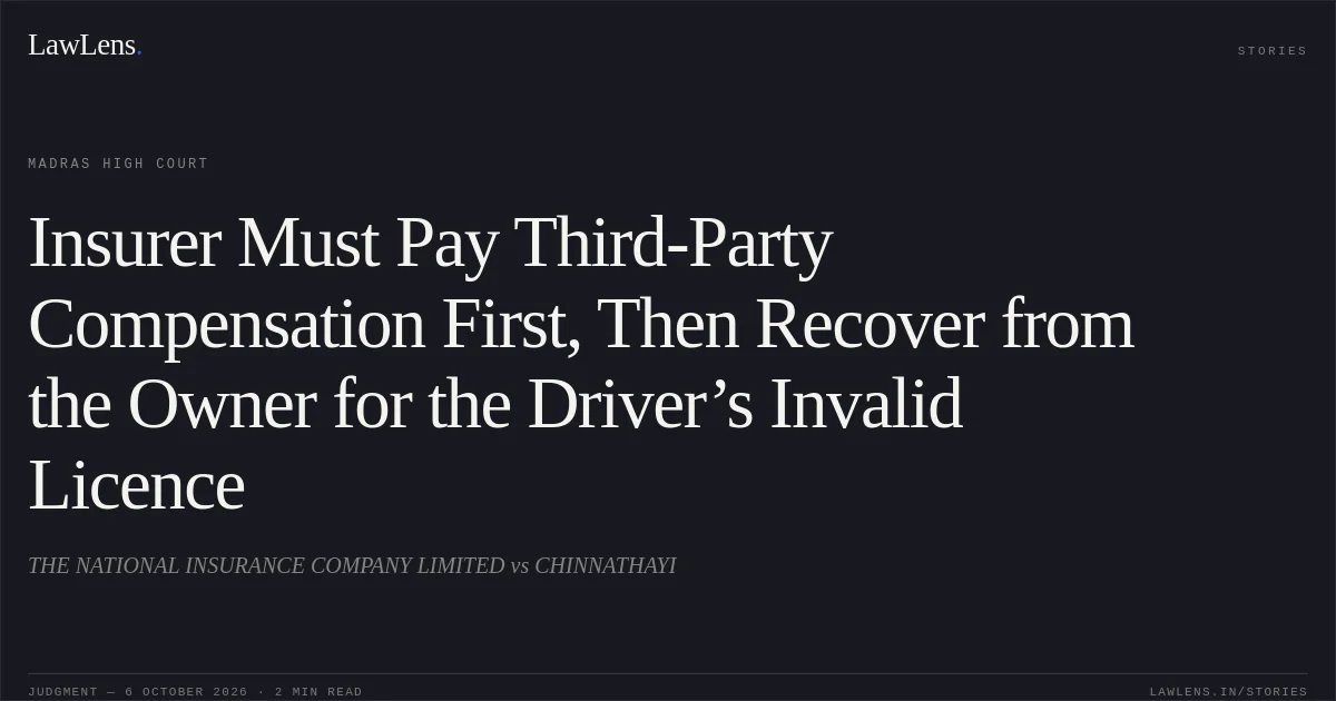 Insurer Must Pay Third-Party Compensation First, Then Recover from the Owner for the Driver’s Invalid Licence. THE NATIONAL INSURANCE COMPANY LIMITED vs CHINNATHAYI. Madras High Court. LawLens