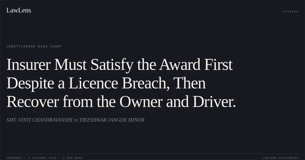 Insurer Must Satisfy the Award First Despite a Licence Breach, Then Recover from the Owner and Driver.. SMT. VINTI CHANDRAVANSHI vs TIKESHWAR JANGDE MINOR. Chhattisgarh High Court. LawLens