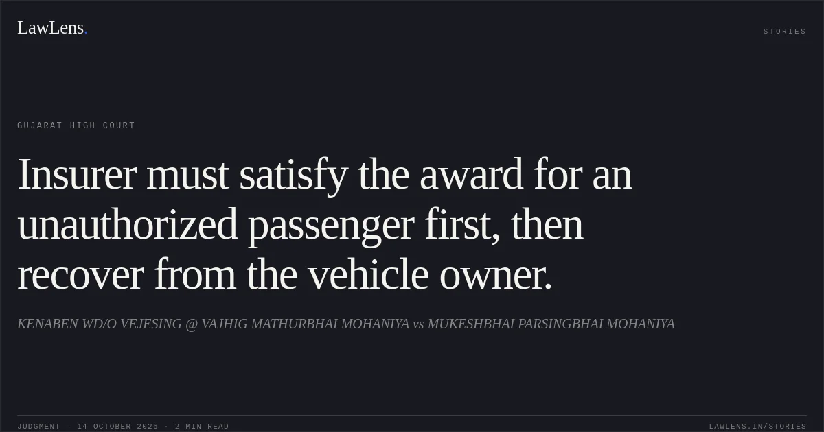 Insurer must satisfy the award for an unauthorized passenger first, then recover from the vehicle owner.. KENABEN WD/O VEJESING @ VAJHIG MATHURBHAI MOHANIYA vs MUKESHBHAI PARSINGBHAI MOHANIYA. Gujarat High Court. LawLens