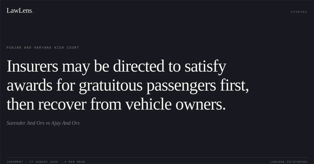 Insurers may be directed to satisfy awards for gratuitous passengers first, then recover from vehicle owners.. Surender And Ors vs Ajay And Ors. Punjab and Haryana High Court. LawLens