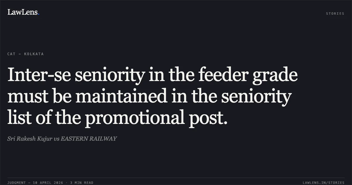 Inter-se seniority in the feeder grade must be maintained in the seniority list of the promotional post.. Sri Rakesh Kujur vs EASTERN RAILWAY. Central Administrative Tribunal. LawLens