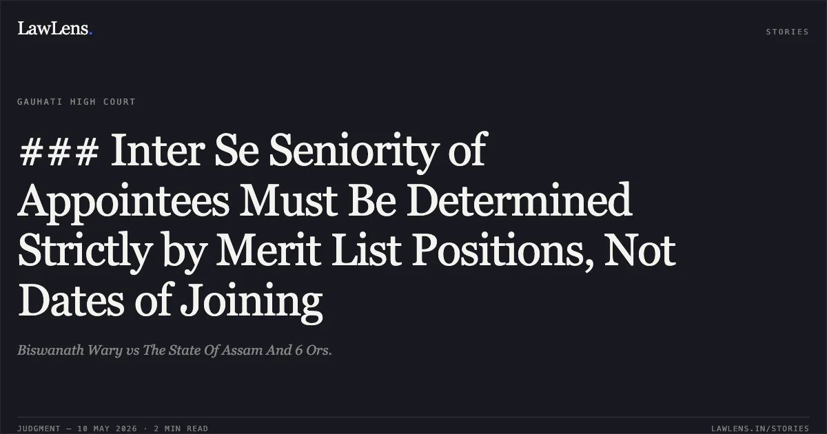 ### Inter Se Seniority of Appointees Must Be Determined Strictly by Merit List Positions, Not Dates of Joining. Biswanath Wary vs The State Of Assam And 6 Ors.. Gauhati High Court. LawLens
