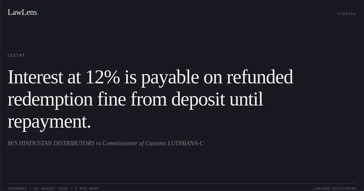 Interest at 12% is payable on refunded redemption fine from deposit until repayment.. M/S HINDUSTAN DISTRIBUTORS vs Commissioner of Customs LUDHIANA-C. CESTAT. LawLens