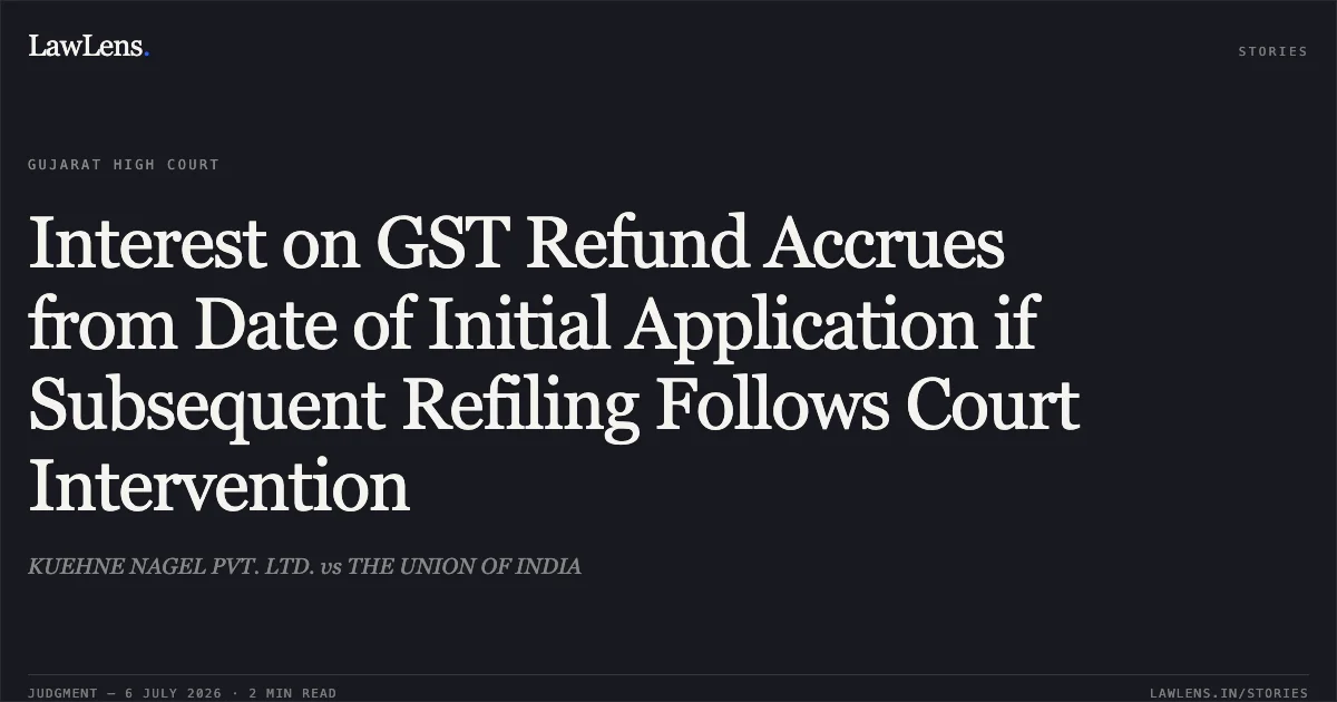 Interest on GST Refund Accrues from Date of Initial Application if Subsequent Refiling Follows Court Intervention. KUEHNE NAGEL PVT. LTD. vs THE UNION OF INDIA. Gujarat High Court. LawLens