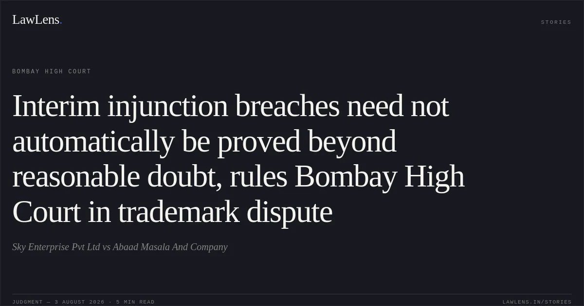 Interim injunction breaches need not automatically be proved beyond reasonable doubt, rules Bombay High Court in trademark dispute. Sky Enterprise Pvt Ltd vs Abaad Masala And Company. Bombay High Court. LawLens