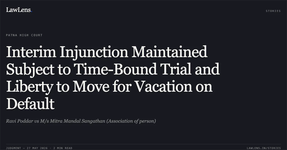 Interim Injunction Maintained Subject to Time-Bound Trial and Liberty to Move for Vacation on Default. Ravi Poddar vs M/s Mitra Mandal Sangathan (Association of person). Patna High Court. LawLens