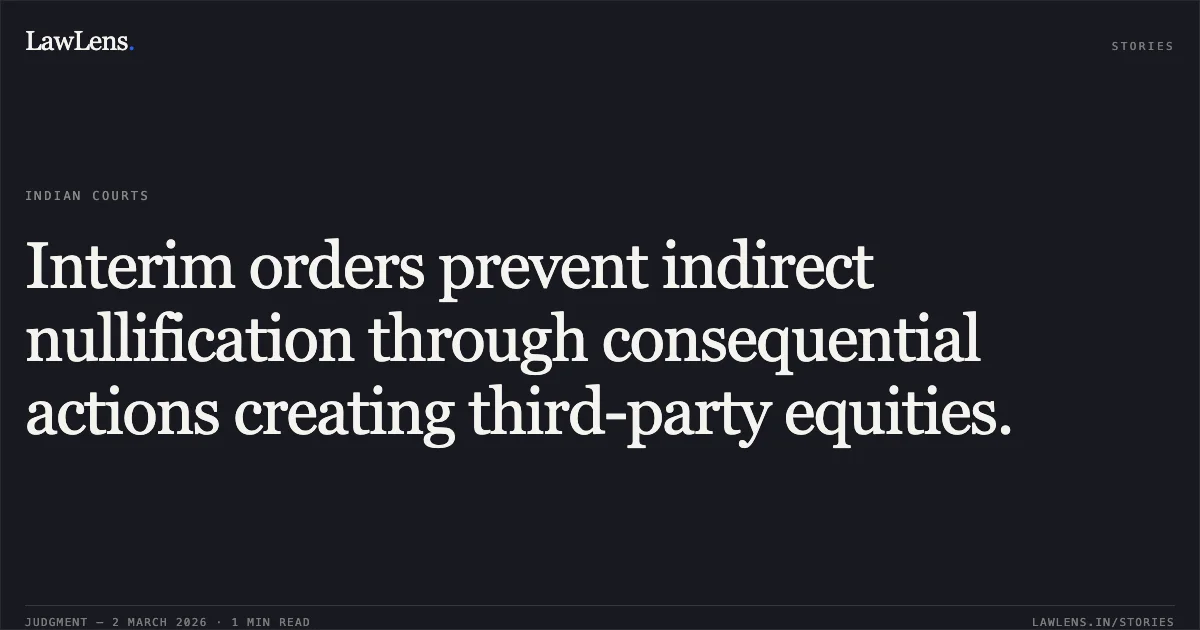 Interim orders prevent indirect nullification through consequential actions creating third-party equities.. ESIC Medical Laboratory Technologists Association v. Employees’ State Insurance Corporation, M.A. No. 345/2026 in O.A. No. 4327/2025. Central Administrative Tribunal. LawLens