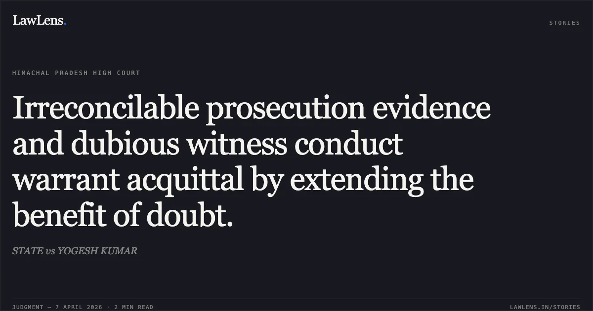 Irreconcilable prosecution evidence and dubious witness conduct warrant acquittal by extending the benefit of doubt.. STATE vs YOGESH KUMAR. High Court of Himachal Pradesh. LawLens