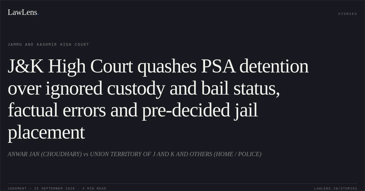 J&K High Court quashes PSA detention over ignored custody and bail status, factual errors and pre-decided jail placement. ANWAR JAN (CHOUDHARY) vs UNION TERRITORY OF J AND K AND OTHERS (HOME / POLICE). Jammu and Kashmir High Court. LawLens