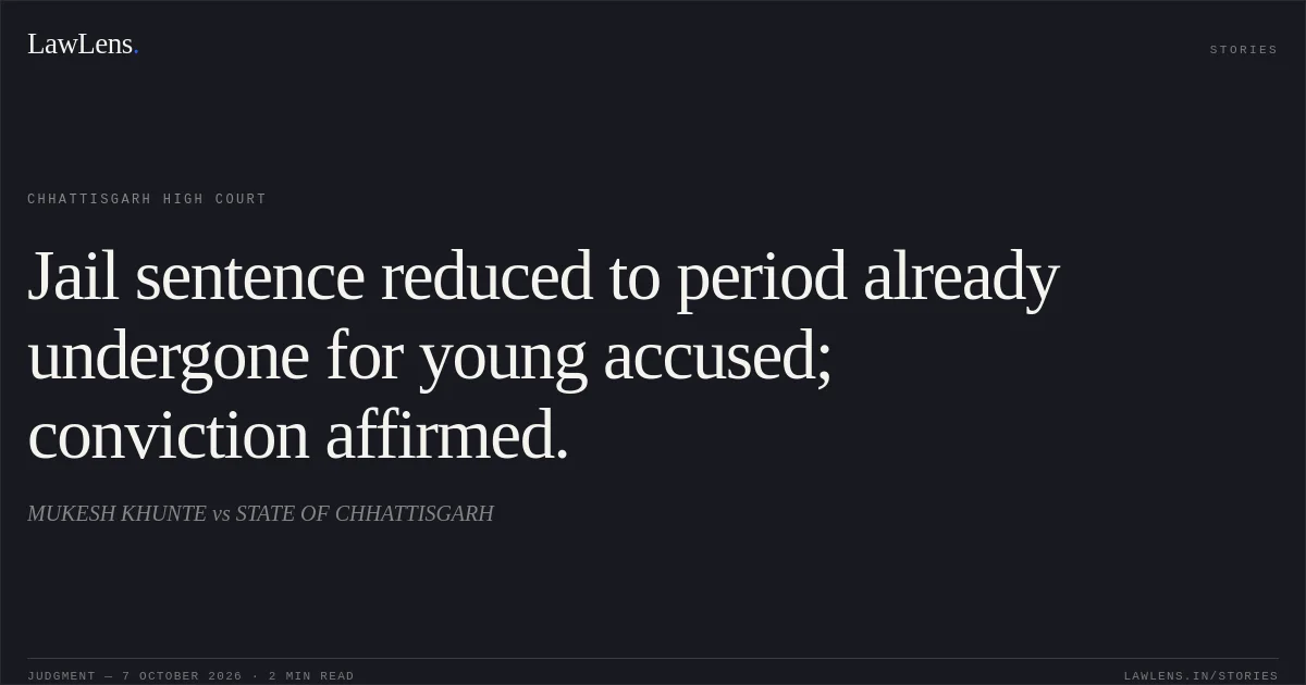 Jail sentence reduced to period already undergone for young accused; conviction affirmed.. MUKESH KHUNTE vs STATE OF CHHATTISGARH. Chhattisgarh High Court. LawLens