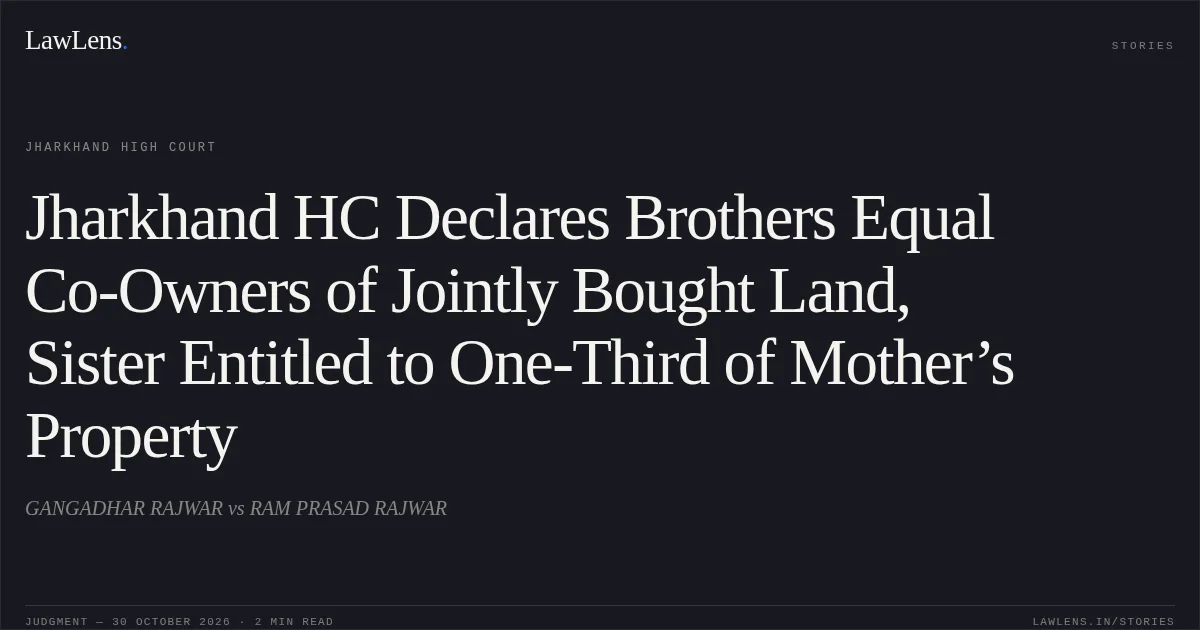 Jharkhand HC Declares Brothers Equal Co-Owners of Jointly Bought Land, Sister Entitled to One-Third of Mother’s Property. GANGADHAR RAJWAR vs RAM PRASAD RAJWAR. Jharkhand High Court. LawLens