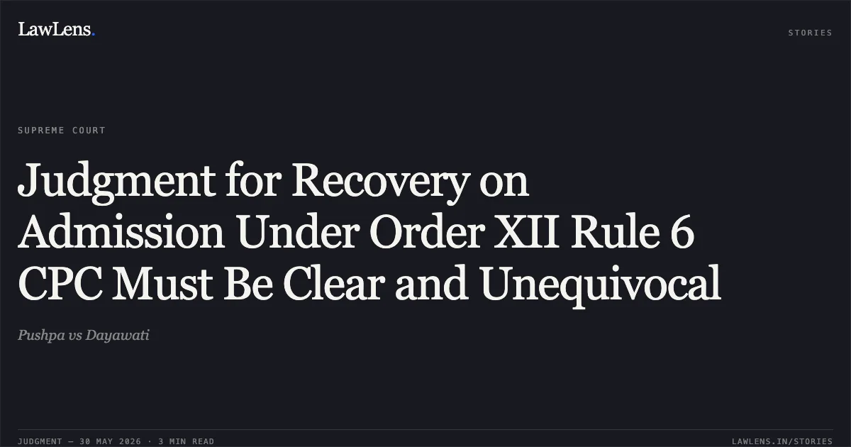 Judgment for Recovery on Admission Under Order XII Rule 6 CPC Must Be Clear and Unequivocal. Pushpa vs Dayawati. Supreme Court. LawLens
