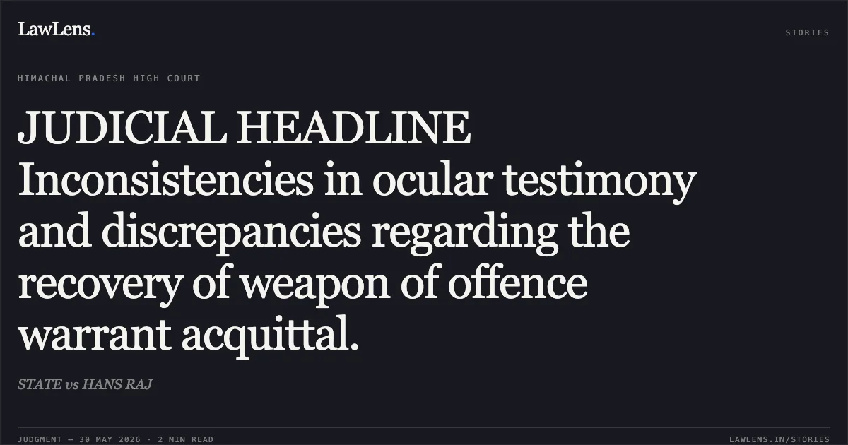 JUDICIAL HEADLINE Inconsistencies in ocular testimony and discrepancies regarding the recovery of weapon of offence warrant acquittal.. STATE vs HANS RAJ. High Court of Himachal Pradesh. LawLens
