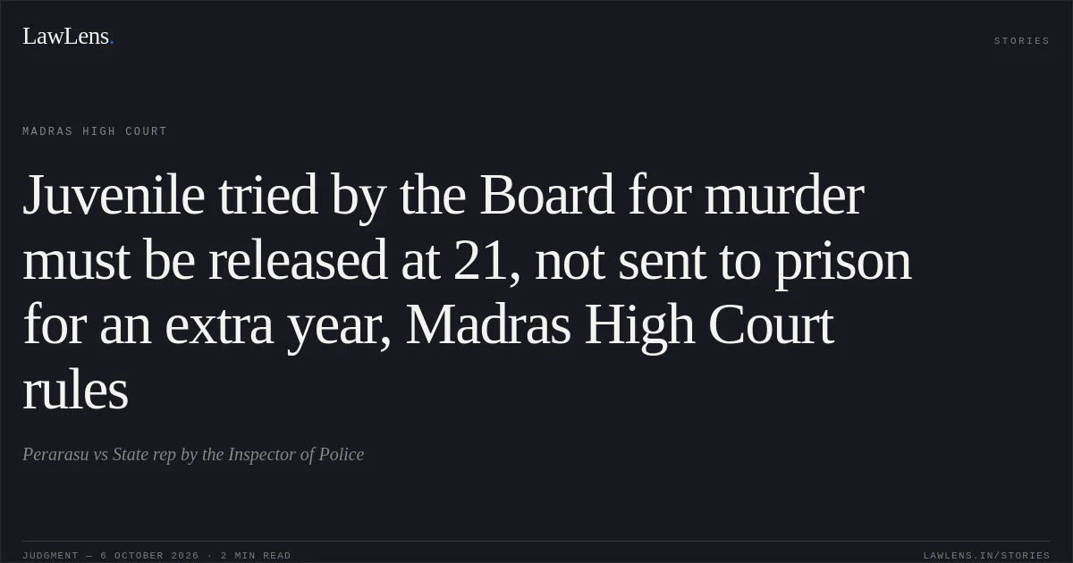 Juvenile tried by the Board for murder must be released at 21, not sent to prison for an extra year, Madras High Court rules. Perarasu vs State rep by the Inspector of Police. Madras High Court. LawLens