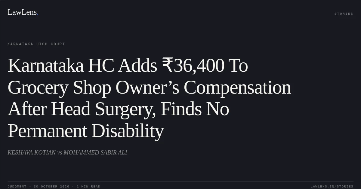 Karnataka HC Adds ₹36,400 To Grocery Shop Owner’s Compensation After Head Surgery, Finds No Permanent Disability. KESHAVA KOTIAN vs MOHAMMED SABIR ALI. Karnataka High Court. LawLens