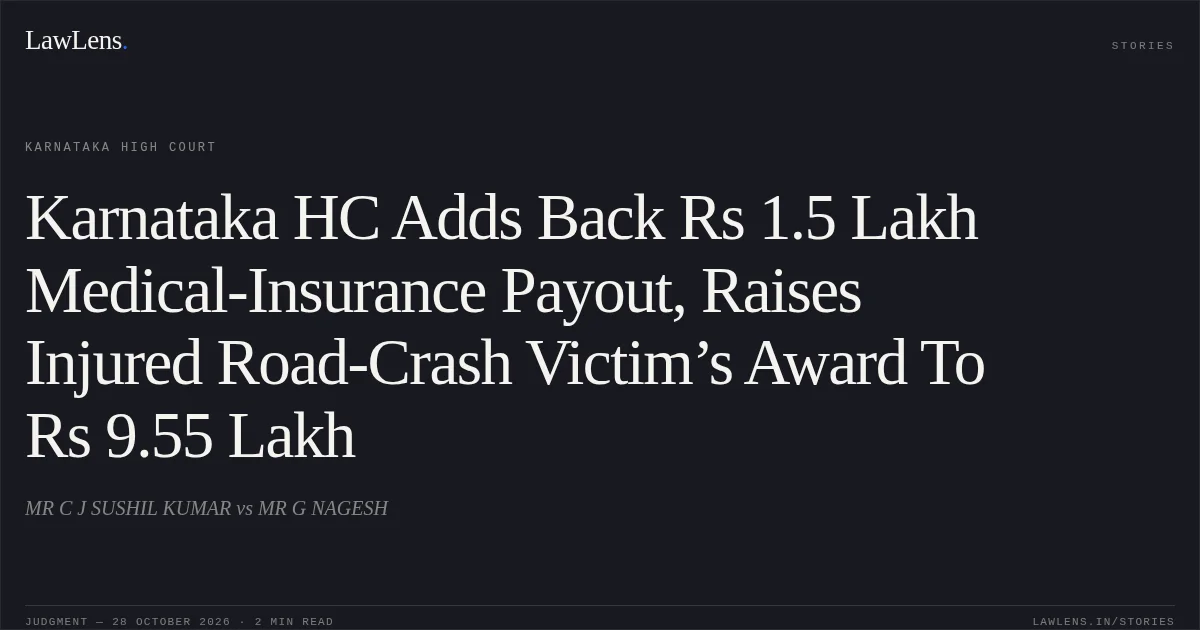 Karnataka HC Adds Back Rs 1.5 Lakh Medical-Insurance Payout, Raises Injured Road-Crash Victim’s Award To Rs 9.55 Lakh. MR C J SUSHIL KUMAR vs MR G NAGESH. Karnataka High Court. LawLens