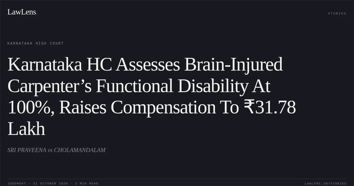 Karnataka HC Assesses Brain-Injured Carpenter’s Functional Disability At 100%, Raises Compensation To ₹31.78 Lakh. SRI PRAVEENA vs CHOLAMANDALAM. Karnataka High Court. LawLens